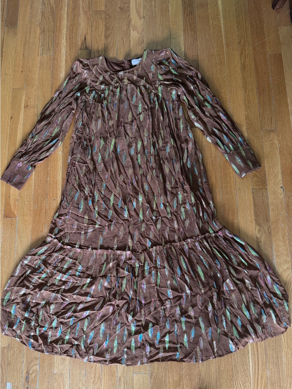 Ciebon Women’s Brown Long Sleeve Tiered Dress with Feather Print BOHO